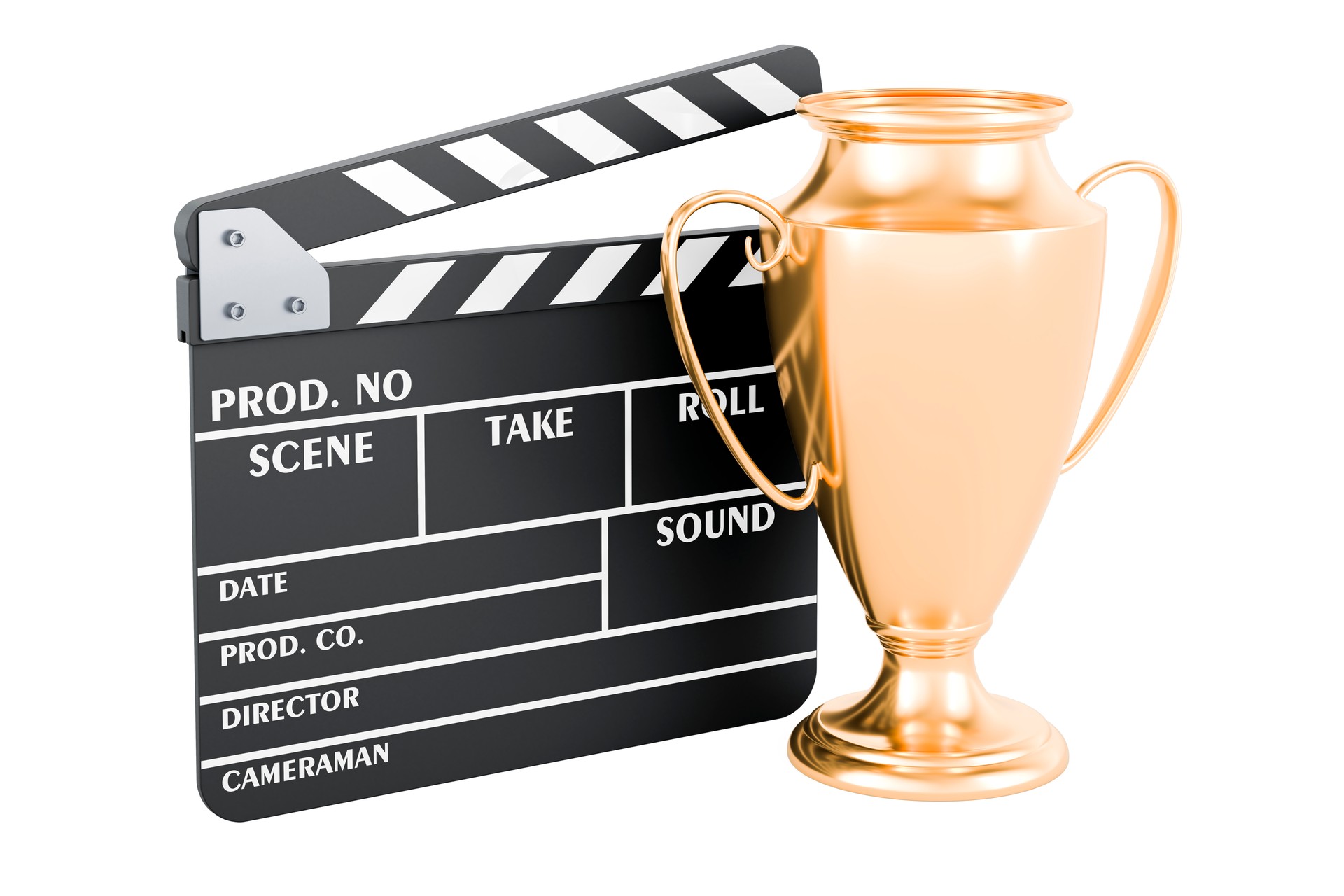 Clapperboard with gold trophy cup award, 3D rendering